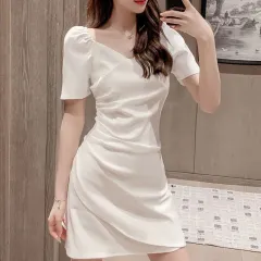 sunday fitted summer beach white long dress for woman casual plus size puff  sleeve korean elegant dress cocktail dress formal simple V neck trendy  plain dress