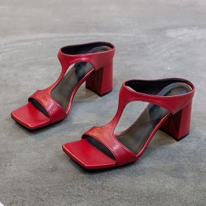 Block Heel Slippers Womens Wear Square Toe Open Toe Flip-flops Foreign Trade Plus Size High Heels Wholesale