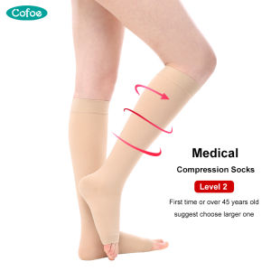 Cofoe 1 Pair Medical Calf Compression Socks Level 2 Elastic Varicose Vein Sock 23-32 mmHg Pressure Below Knee Open Toe Leggings Compression Stockings for Men Women Anti-varicose Veins Eliminate Edema