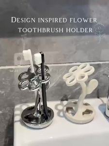 花朵牙刷架收纳置物架卫生间洗漱台化妆笔刷架底座支架收纳架陶瓷Flower toothbrush holder storage rack bathroom vanity makeup brush holder base bracket storage rack ceramic