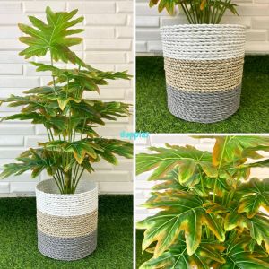 Pohon Plastik Tanaman Artificial Monstera Jari Philo Orange X18 Semilatex Cover Pot Seagrass Variasi Warna Dekorasi Cafe