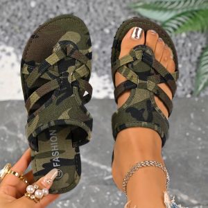 Women's Camouflage Flat Sandals - Comfortable Slip-On Beach Shoes with Bow Detail Open Toe Low Heel EVA Sole and Fabric Lining for Summer Casual Wear Strappy Sandals