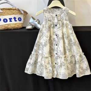 Menoea 4 5 6 7 bé gái quần áo mùa hè cổ tròn mực vẽ trơn không tay Một hàng khuy Đầm công chúa thời trang trẻ em trang phục giản dị