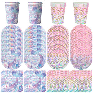 Mermaid Birthday Girl Decoration Pink Purple Mermaid Birthday Party Decorations Plates Napkins Cups Paper Tableware Supply Decor
