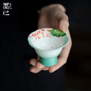 墨己玉泥白瓷手绘荷花高足茶杯功夫茶具家用品茗杯小号花口杯子