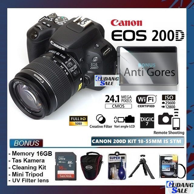 [NEW] KAMERA EOS CANON 200D LENSA KIT 18-55mm IS STM WIFI GARANSI  TAHUN FREE ACC CAMERA DSLR VLOG 750D 800D 250D M6 Lazada Indonesia