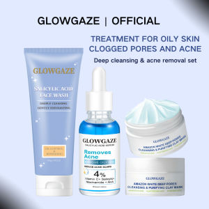 GLOWGAZE ANTI-ACNE 3PCS Set SalicylicAcid Facial Cleanser+Hydrating Essence+Deep Pores Cleansing100g