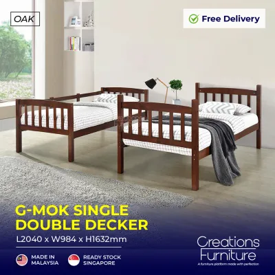 GMOK Double Decker Bed / Standard Single Bed Bunk / Removable bed Frame / Solid Wood Frame / Suitable for HDB/Condo /Color Oak / White / Product Malaysia