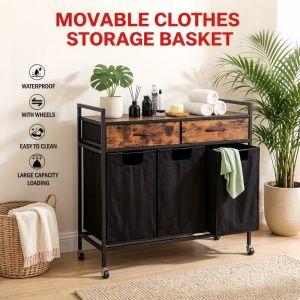Laundry Sorter Durable 3 Section Laundry Basket with Rolling Wheels & Storage Drawers