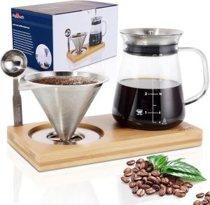 Aquach Pour Over Coffee Maker Set with Extra Large Coffee Dripper 28 oz Glass Carafe Stainlesss Steel Coffee Scoop and Bamboo Storage Tray Unique Set for Home or Office