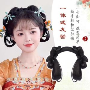 OMQAIO Chinese Hanfu Wig Headband Hair Band Traditional Twist Braid Hair Chignon Hair Accessories Headdress Bow Bun Head Wig Women