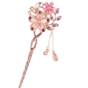 Carvings Flower Hair Stick Tasseled Hairpiece with Sparkling for Evening Dinner Wear Photo Props