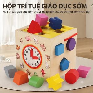 Hộp Thả Hình Khối Gỗ Montessori 12 Khối - Đồ Chơi Giáo Dục Sớm Kèm Đồng Hồ Luồn Dây Nhận Biết Hình Học Cho Bé