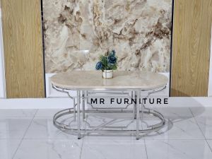 Meja Tamu Oval Top Marmer Krem Kaki Stainless Glossy
