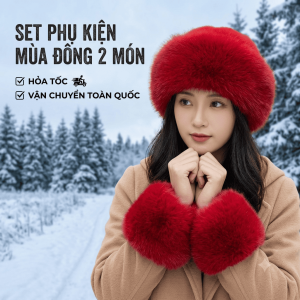 Bộ Đôi Phụ Kiện Mùa Đông 2 Món - Nón lông vành tròn kèm đôi cổ tay áo lông xù chụp ảnh Noel Sapa Đà Lạt