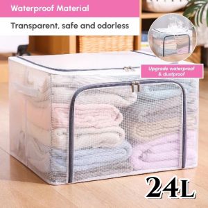 Storage Box 24L/100L Large Capacity Foldable Storage Box Transparent Mesh Cloth Organizers Box Steel Frame Waterproof Clothes Organizer