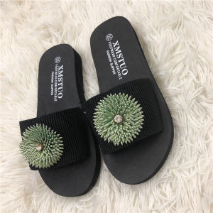 MANXIXI Beautiful 1.18 Inches Wedge Sandals Green Grass Inlay Rubber Sole Sturdy Flat Slippers For Women (Size 35-40)