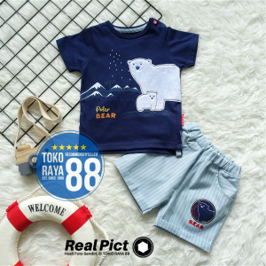 TOKO RAYA 88 Setelan Baju Bayi SNI 0 - 6 Bulan Motif Polar Bear Salur Kaos Pendek Lebaran Newborn Baju Jalan-Jalan Anak Laki-laki Daily Outfit Balita Cowok Harga Termurah Terlaris Original Lucu Halus Lembut Adem Berkualitas