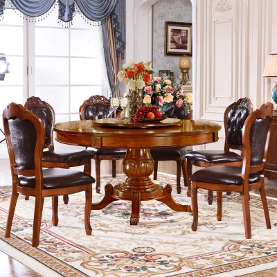 European-style dining table and chair combination solid wood household round rice table 1.3m round table one table and six chairs combination small apartment.
