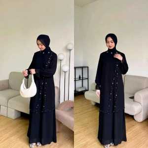 Abaya Naira dress Ceruty babydol aplikasi payet mutiara Outer menyatu Sultan Model Mewah Gamis Abaya Warna Hitam Terbaru 2025 Lebaran Viral Baju Kondangan Gaun Pesta Simple Elegan