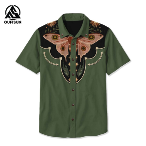 【Oufisun】Mens Shirts Moth And Flower Print Shirts Hawaiian Shirt Retro Shirts Oversize Short-Sleeved Tops Mens Casual Shirt 3 Color Mens Blouse Summer Short-sleeved Tops