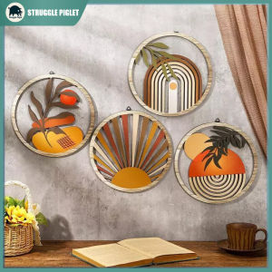 4Pcs Wooden Wall Bohemian Wall Art Farmhouse Bohemian Country Yard Decoration Round Shape Wall Decor Self-Adhesive Wall Ornament
