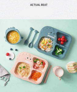 5pcs per set Baby Dinosaur Tableware Plate Dinner Bowl Wheat Stem Feeding Dish Kids girl food bowls with Cup and Spoon