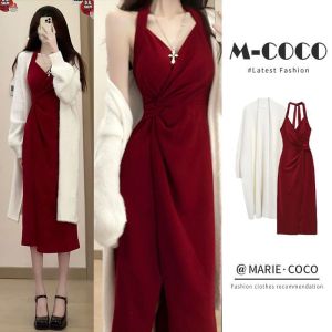 Dress Pure Desire Wind Red Hanging Neck Dress for Women Early Spring A-line Royal Sister Waist Tie Slim Fit Mid Length Dress