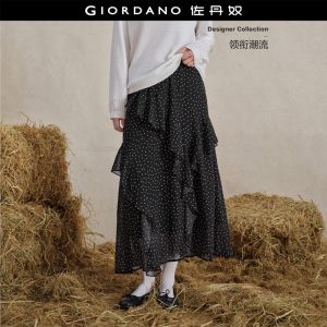 Giordano Women Polka dot ruffle panel elastic waist maxi skirt Free Shipping 18466731