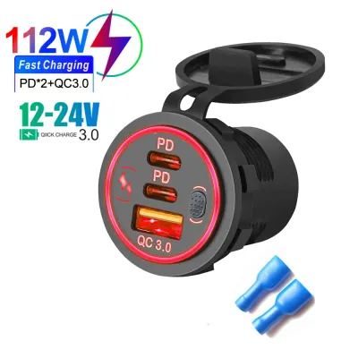 PD3.0ช่องเสียบสายชาร์จรถ112W QC3.0พอร์ต USB C คู่กันน้ำพร้อมสวิตช์ LED แบบสัมผัสชาร์จเร็วอะแดปเตอร์12V/24V
