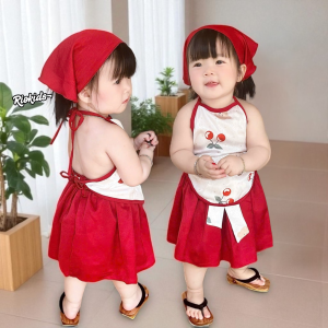 BG30 Set yếm dây chân váy đỏ RIOKIDS cho bé gái sơ sinh 1 2 3 tuổi Trung Thu Lễ Tết