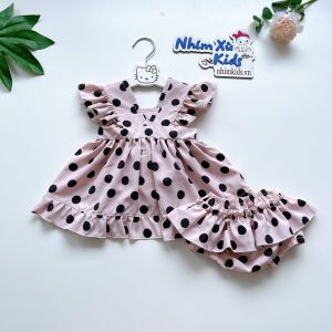 Bộ Váy Chấm Bi Bé Gái Sơ Sinh Đến 12kg Đầm Lolita Chất Lụa Mát Rượi [S011]