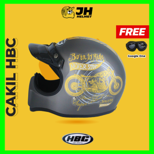 Helm Cakil HBC Born To Ride Grey Doff + FREE GOGGLE | Helm Retro | Full Face | Jual Helm