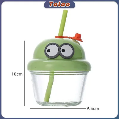 210ml Mini Glass Cup with Lid and Straw Cartoon Glass Milk Juice Cup Kids Glass Water Mug
