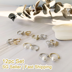 [SG New] 12pc Ear Cuff 1cm Gold & Silver Color Cuff Earring Ear Clips Non Piercing Crescent Star Cartilage Earring 6 Various Styles Cuff Earrings for Women