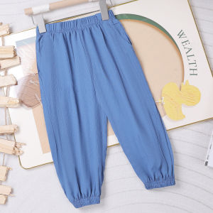 Summer Childrens Breathable Solid Color Pocket Loose Casual Trousers Small and Medium Boys and Girls Ankle-Tied Air Conditioning Home Anti Mosquito Pants