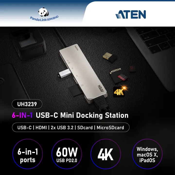 ATEN UH3239 Docking Station USB-C to HDMI USB 3.2 SDcard MicroSDcard slot Mini Dock Station for MacBook Pro Dell HP Lenovo