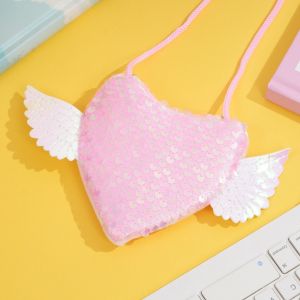 SQMETR Hình trái tim. Túi xách hình trái tim đính sequin sa Chi tiết cánh Túi đeo chéo đựng tiền xu Di động Dây đeo có thể điều chỉnh. Túi đeo vai cho trẻ em. Dành cho các bé gái.