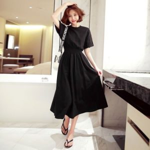 IELGY mid-sleeved dress big skirt girl high waist round neck Korean version waist long skirt