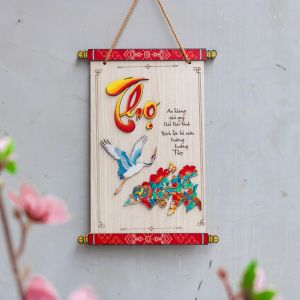 Tranh gỗ bảng gỗ treo trang trí tết chữ Phúc Lộc Thọ hình chữ nhật dạng tranh tặng đinh 3 chân