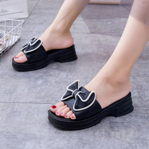 New Womens fashionable sandals Korean style cute bow 5CM high-heeled sandals rubber non-slip fashionable outdoor sandals suitable for all seasons comfortable breathable waterproof thick-soled sandals 083523