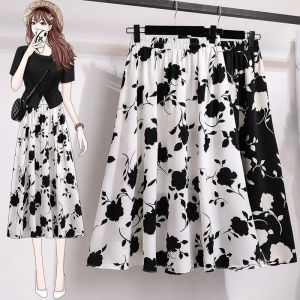 Womens Floral Skirt 2024 Summer Fashion Casual Elastic High Waisted A-line Skirt Temperament Ink Print Cropped Skirt