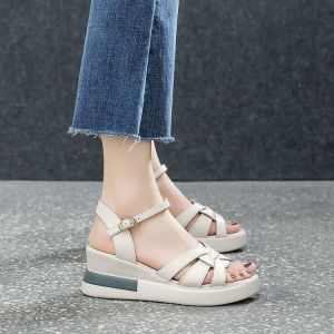 [Free Shipping] New Summer-Style Non-Slip Fashionable Platform Sandals With A Wedge Heel Perfect For Moms Made With Soft Leather And A Single-Strap Design