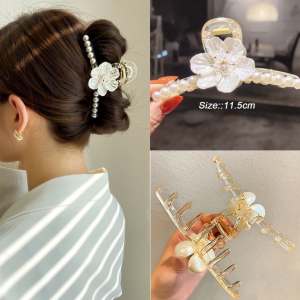 Korean Large Flower Shark Clip Rhinestone Simple Hair Catch Clips Metal Hair Clip Back Head Headdress Beauty Hair Claw Clip Hair Pins for Women Accessories
