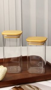 HB Airtight Square Glass Canister Clear Food Storage Jar With Lid Kitchen Container for Grains Spices