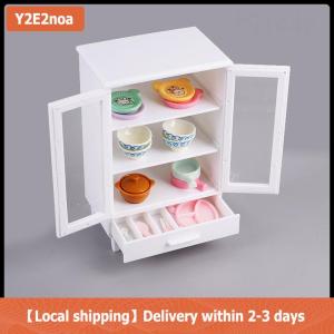 【Local shipping】 1Set Miniature White Cupboard Display Cabinet Storage Lockers +ornament Furniture Model Decor Toy DollHouse Accessories