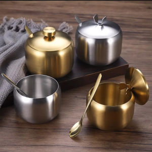 Useful Stainless Steel Sugar Bowl with Spoon Lid Gold Silver Storage Jar Durable Large Capacity Seasoning Pot Salt