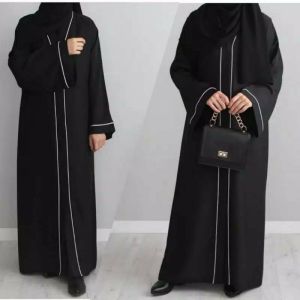 Promo abaya turki kekinian gamis list putih elegan cantik. bahan jet black lembut