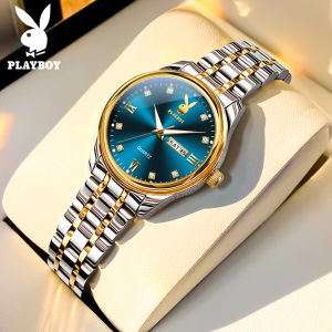 นาฬิกาเพลย์บอยสำหรับกันน้ำสำหรับผู้หญิงต้นฉบับเกาหลีหน้าปัดสไตล์เพชรหรูหราสแตนเลสสตีลเรืองแสงปฏิทินคู่หรูหราสบายๆ