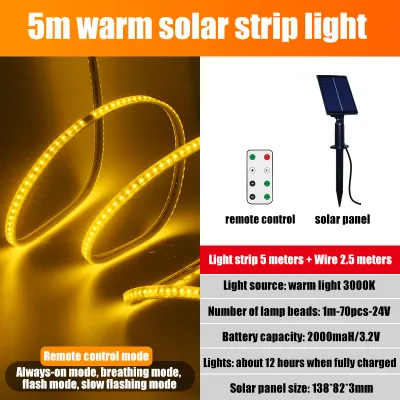 QNM solar led strip light 5M 15M 25M solar strip light with Remote Auto ON 8 Lighting Modes IP67 led lights strip light